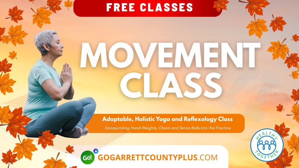 Flyer for Movement/Yoga class. Autumn background. Woman sitting in a yoga pose.