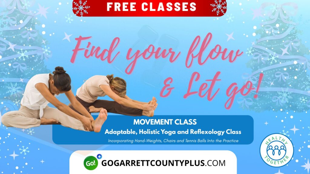 Yoga class. Women doing yoga. Christmas trees. Snowflakes. Find your flow and let go.